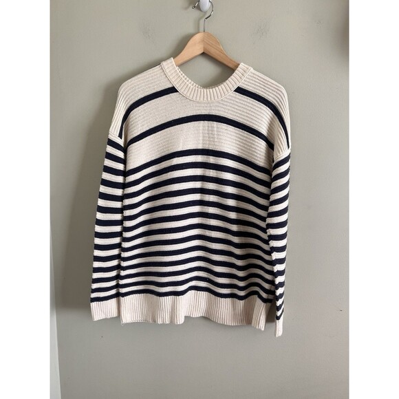 Madewell Greensboro Button Back Sweater blue cream striped small - Picture 3 of 9